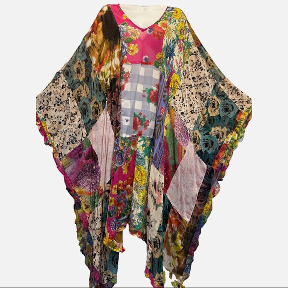 Nwt FUNKY STUFF boho patch ruffle sheer PONCHO TOP COVERUP O/S fits 4X 5X - Picture 1 of 4